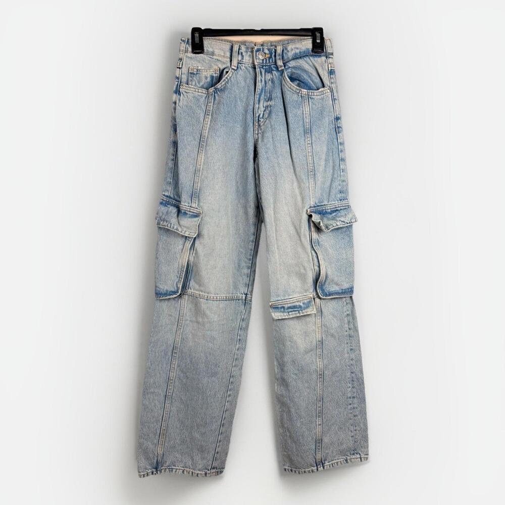 Zara Women's Wide Leg Cargo Jeans Light Blue High Rise Denim Size 0